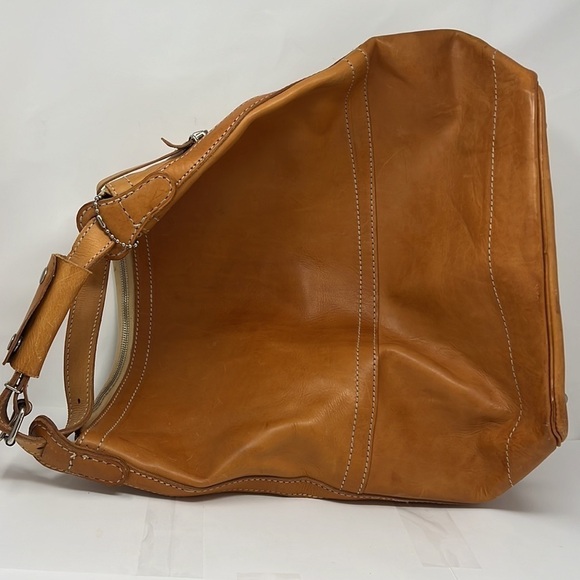 Large Tall Belting Leather Zip Tongue Groove Closure Hand Crossbody Bucket Bag - Picture 10 of 16